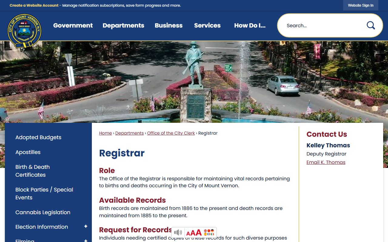 Mount Vernon City Registrar page for obituary records