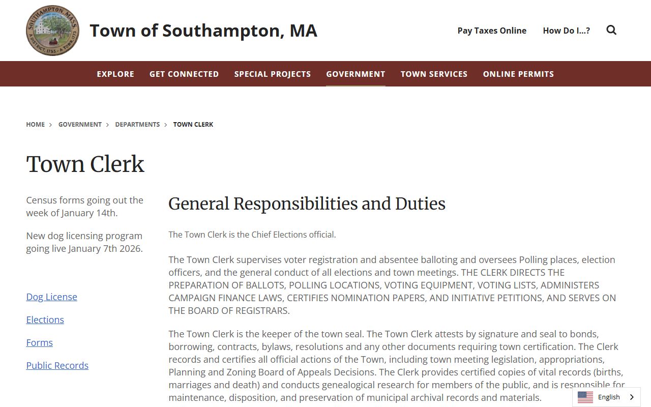 Southampton Town Clerk page for obituary records