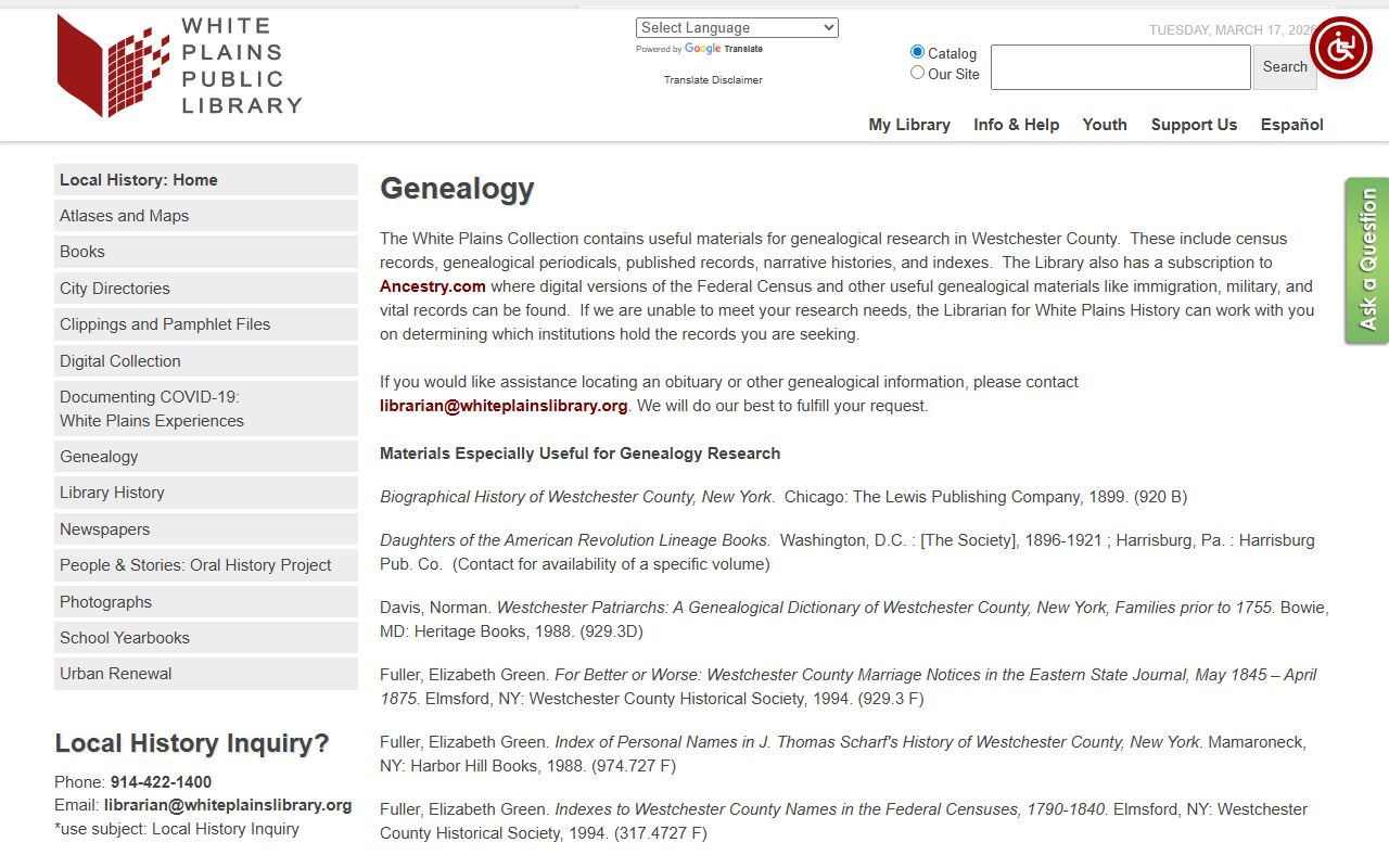 White Plains Public Library genealogy resources for obituary records