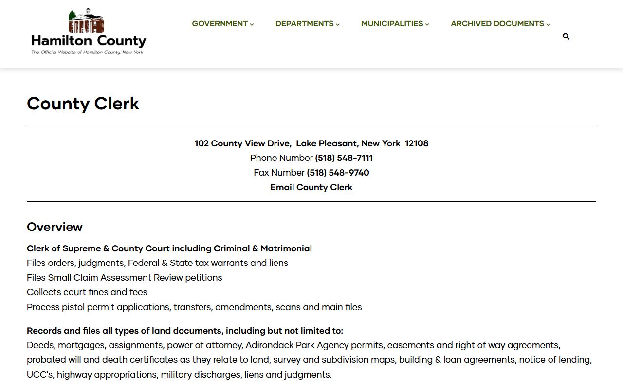 Hamilton County Clerk office page for obtaining obituary and death records in Hamilton County New York