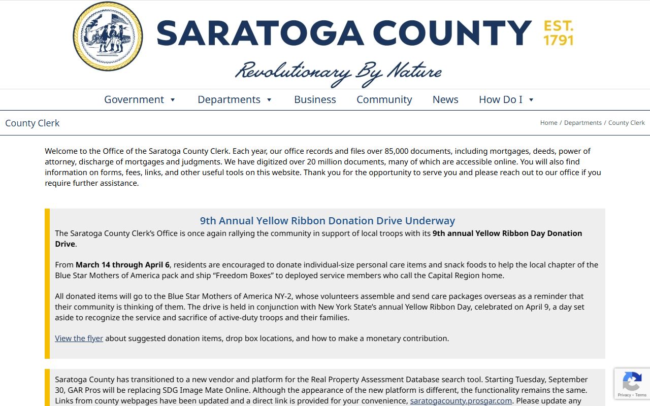 Saratoga County Clerk records search page for obituary records