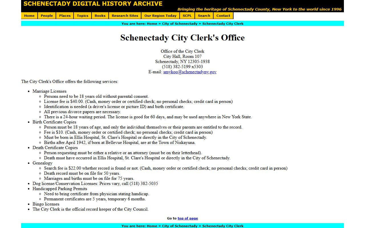 Schenectady City Clerk office page for Schenectady County obituary records