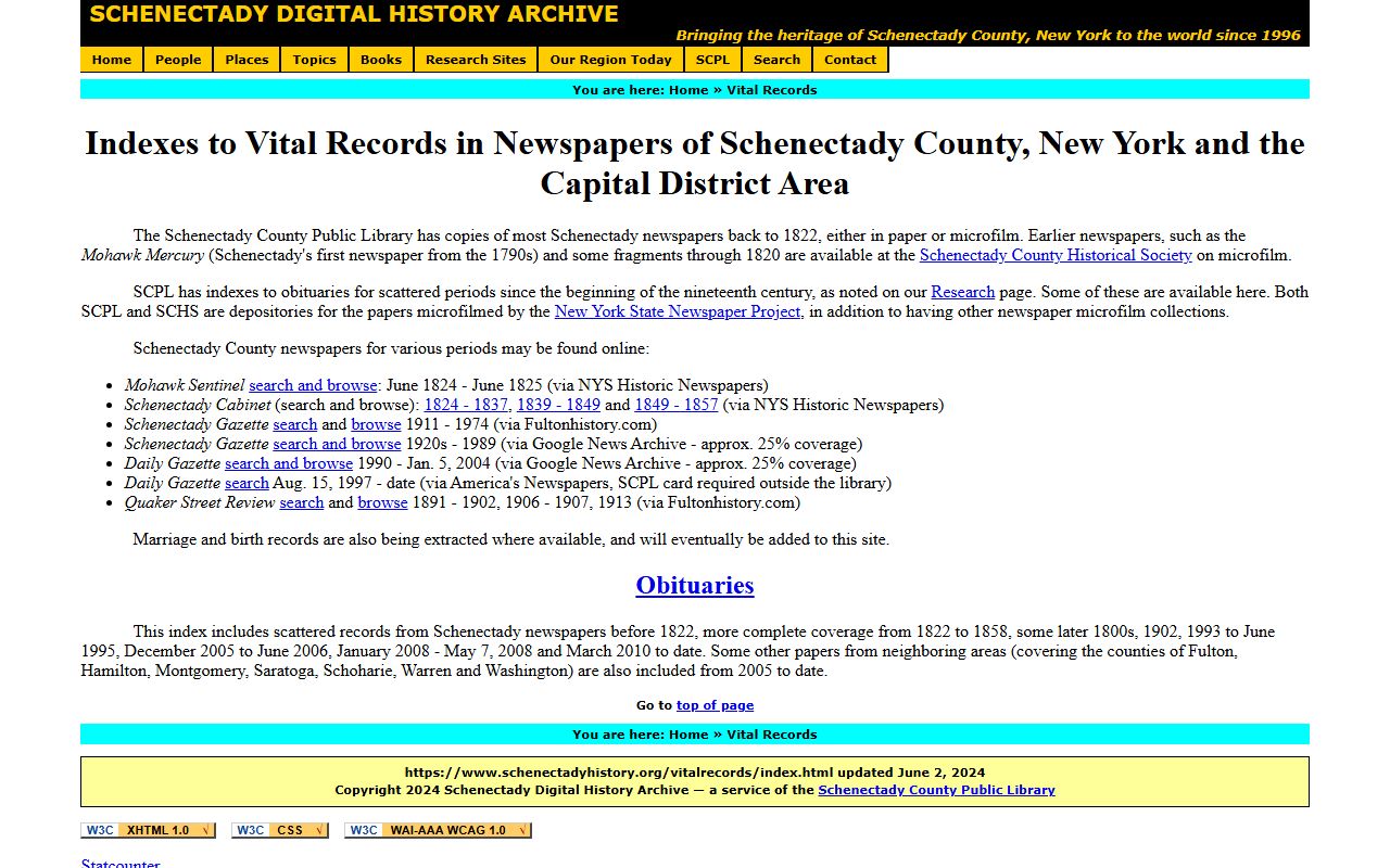 Schenectady County vital records index search page for obituary records