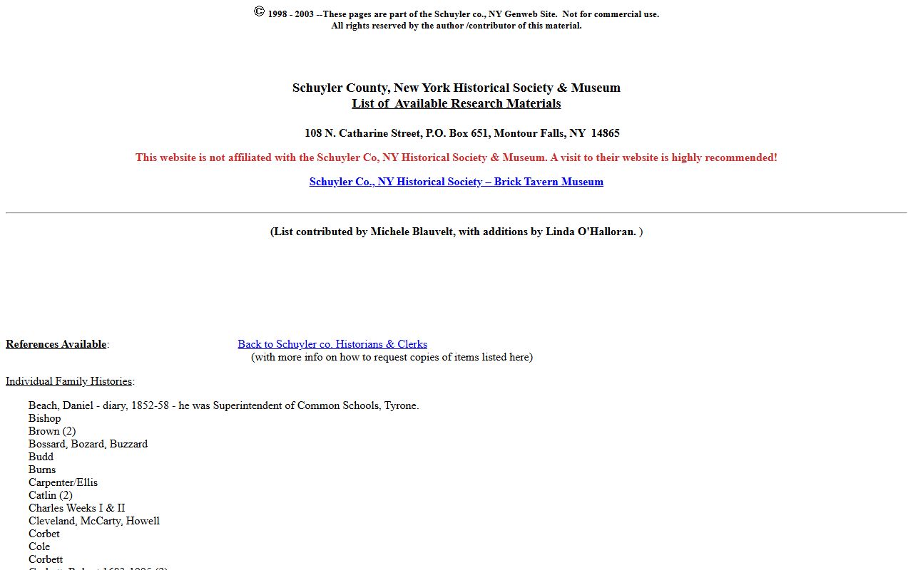 Schuyler County Historical Society Museum research resources for obituary records