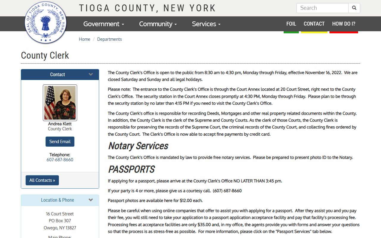 Tioga County Clerk office for obituary and death record research in Owego