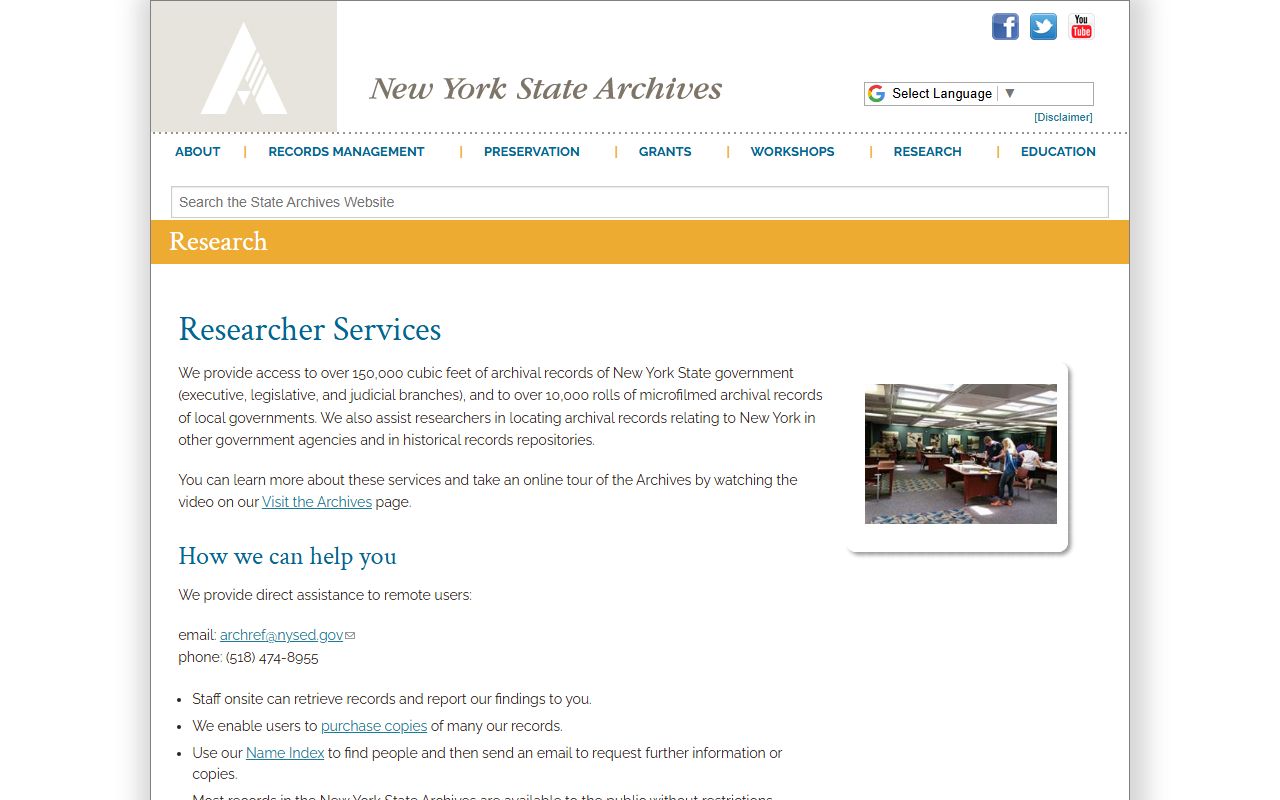 New York State Archives research services page relevant to Lewis County obituary records