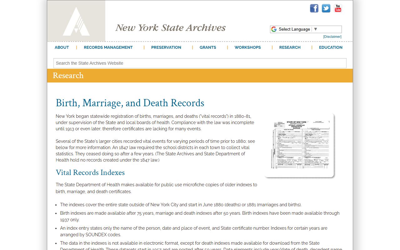 New York State Archives vital records page for obituary index research