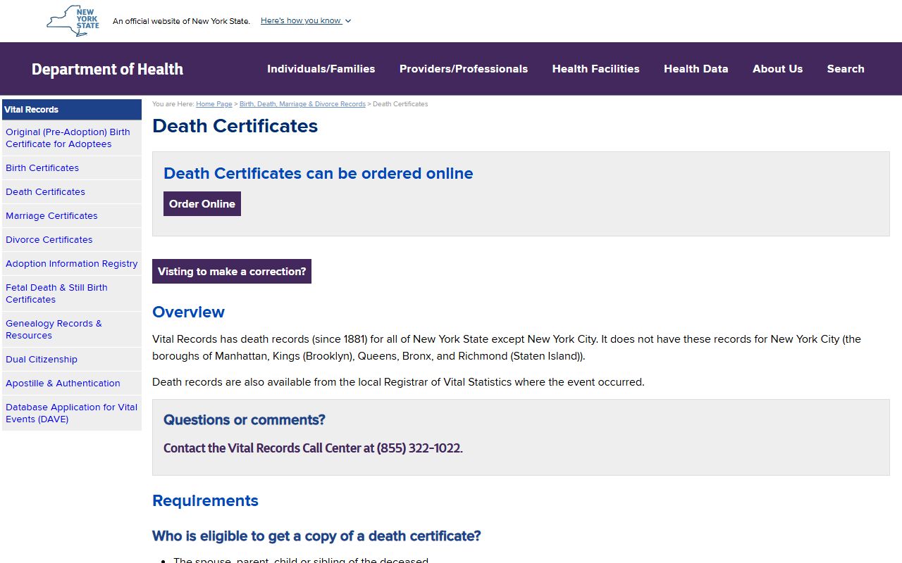 New York State Department of Health death certificates page for ordering obituary and death records