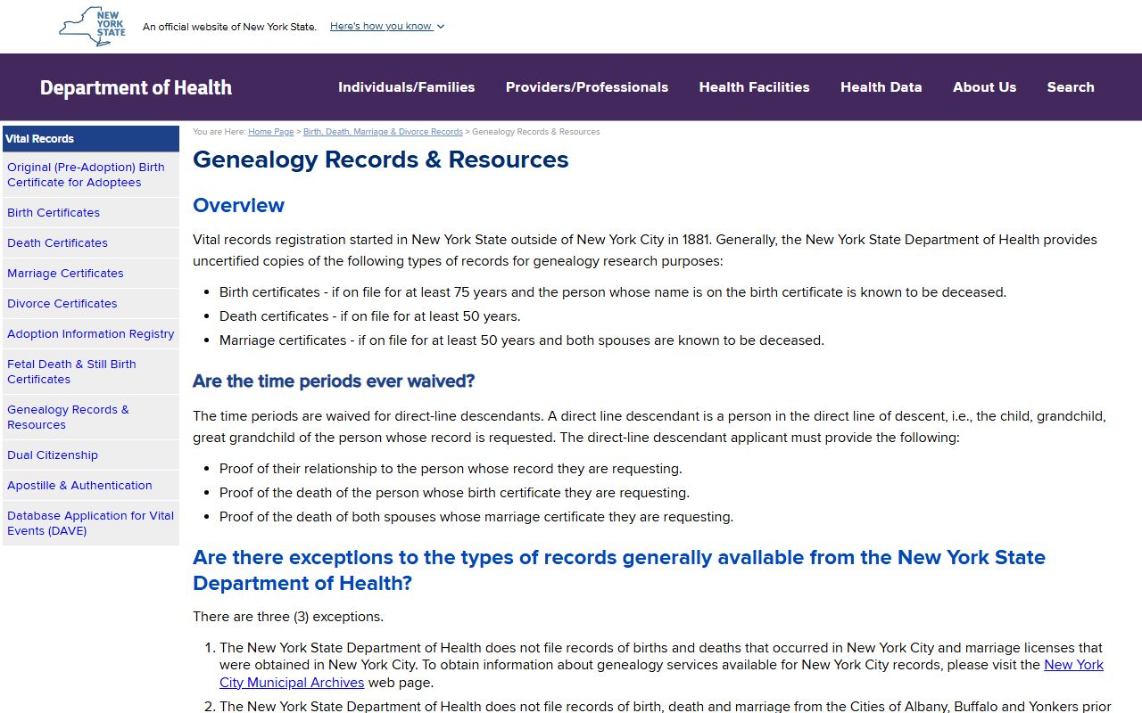 New York State Department of Health genealogy records page for obituary research